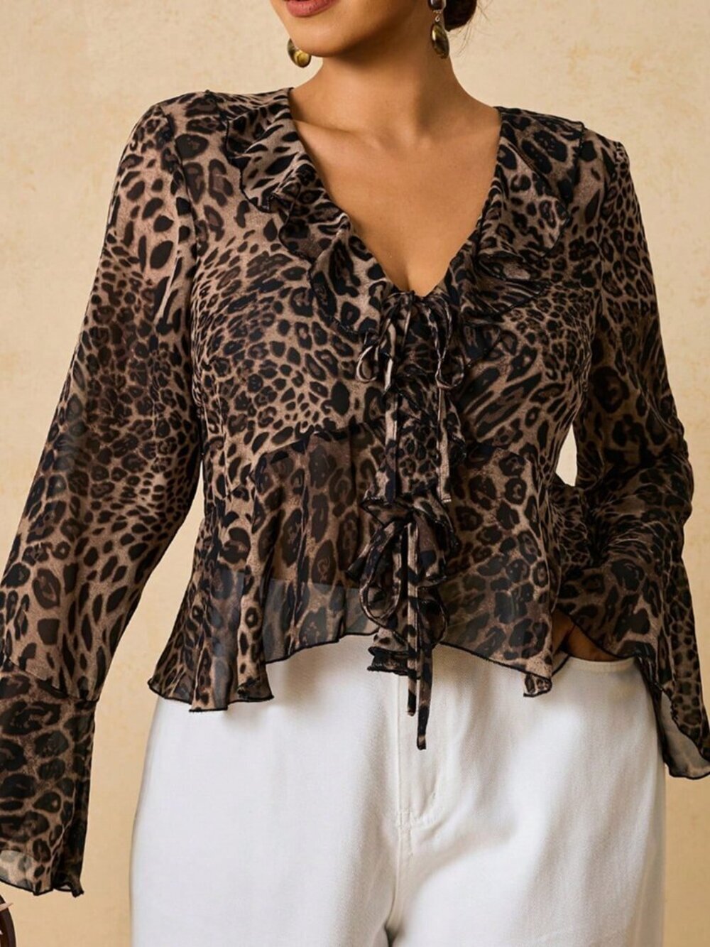 Khaki Elegant Women's Plus Size Leopard Blouse